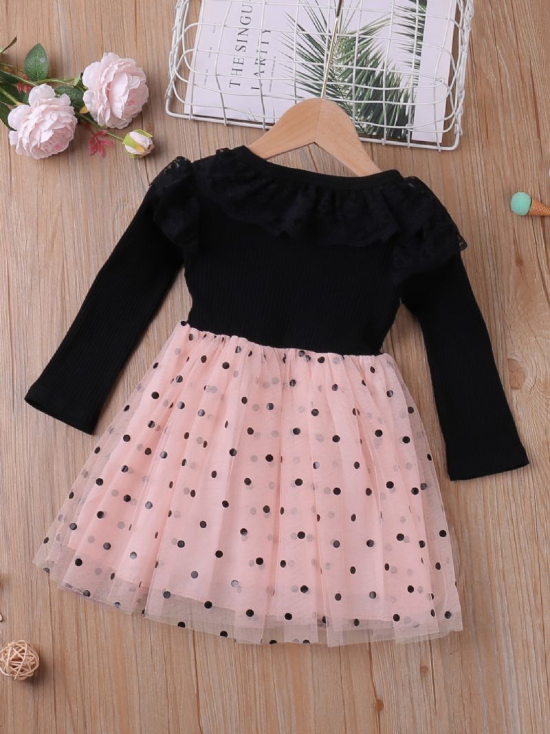 Elegant Mesh Kjole Til Piger Med Flæsekant Polka Dot Print Sløjfe Børnetøj