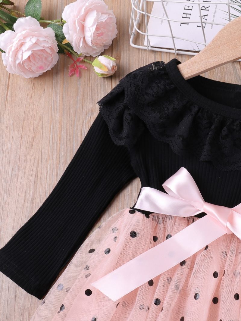 Elegant Mesh Kjole Til Piger Med Flæsekant Polka Dot Print Sløjfe Børnetøj