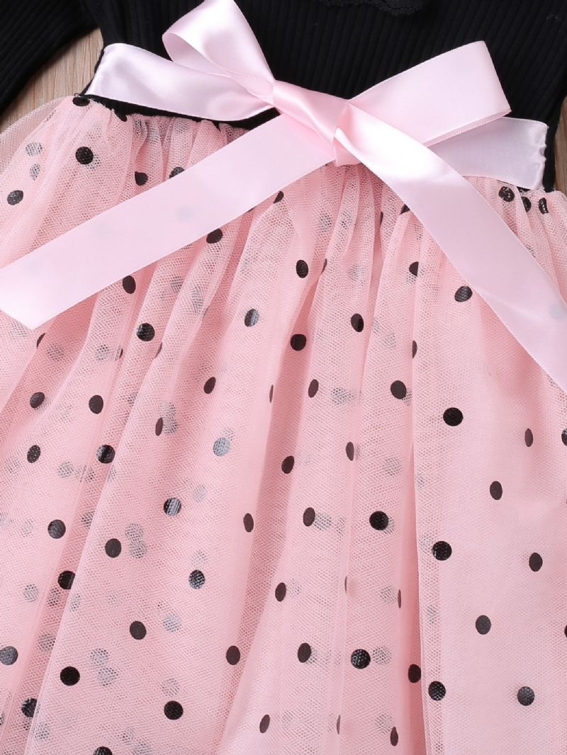Elegant Mesh Kjole Til Piger Med Flæsekant Polka Dot Print Sløjfe Børnetøj