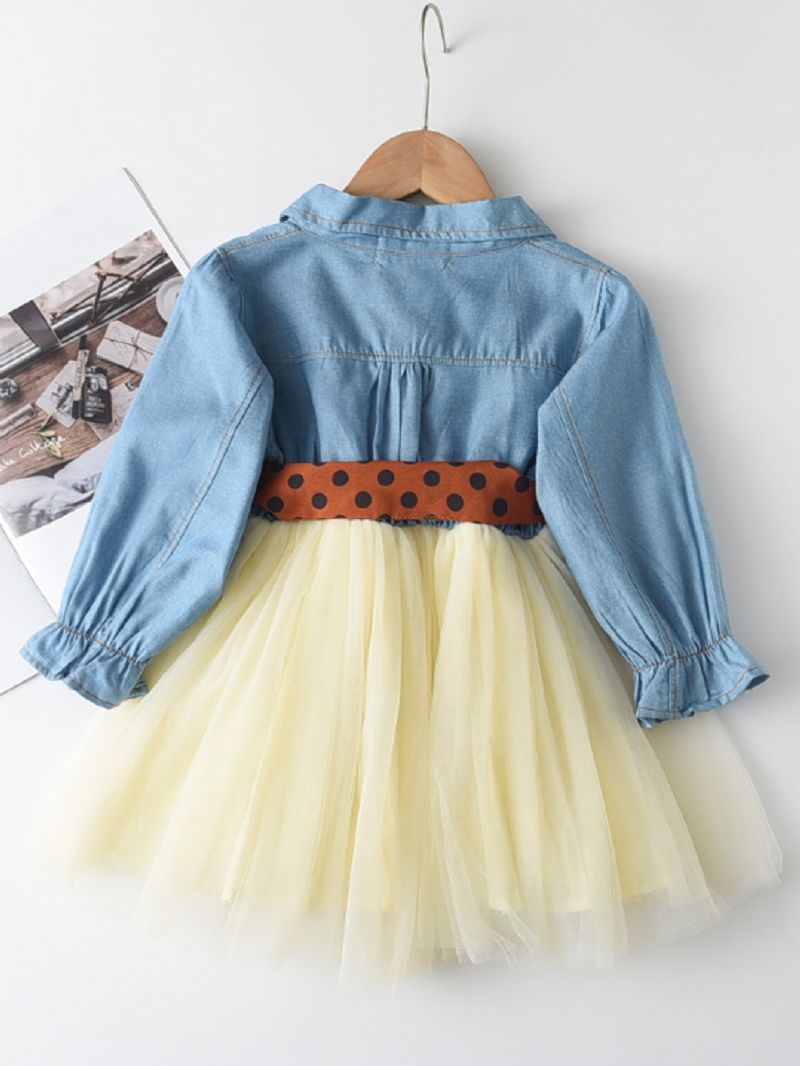 Forår Og Efterår Småbørnspiger Dress Up Kontrast Denim Mesh Nederdel Med Ripper Bælte Kjole