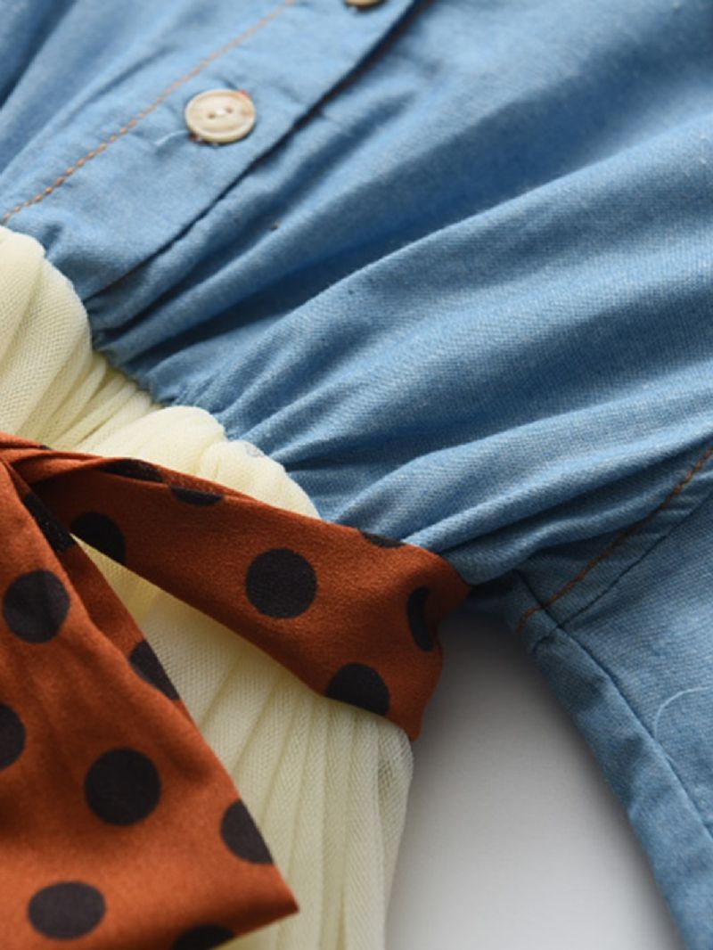 Forår Og Efterår Småbørnspiger Dress Up Kontrast Denim Mesh Nederdel Med Ripper Bælte Kjole