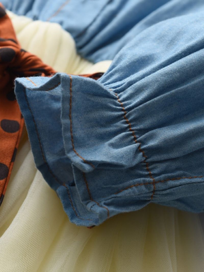Forår Og Efterår Småbørnspiger Dress Up Kontrast Denim Mesh Nederdel Med Ripper Bælte Kjole