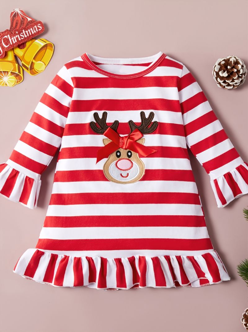 Jul Baby Langærmet Stribet Elg Tegneserie Print Kjole