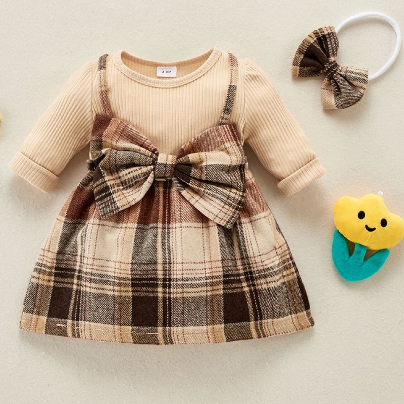 Jule Baby Pige Tøj Plaid Print Sløjfe Kjole & Pandebånd 2 Stk