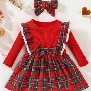 Julebaby-pige Plaid Flæse-langærmet Kjole Med Sløjfedekor Og Pandebånd