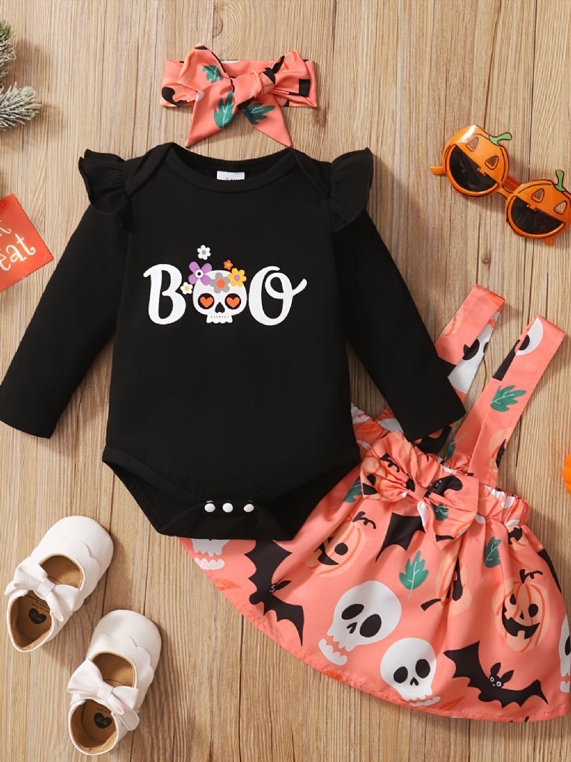 Outfits Til Nyfødte Babypiger Flæsebukser Pumpkin Bat Ghost Suspender Nederdel & Pandebånd