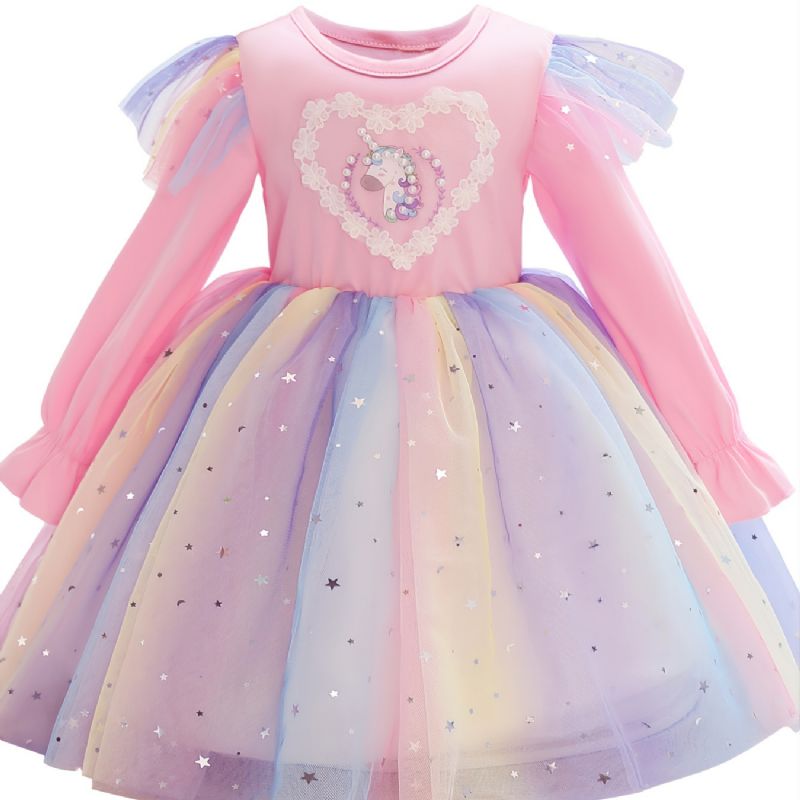 Pige Kjole Langærmet Unicorn Print Regnbue Pailletter Star Mesh Prinsesse Tutu Festkjole