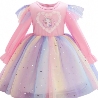 Pige Kjole Langærmet Unicorn Print Regnbue Pailletter Star Mesh Prinsesse Tutu Festkjole