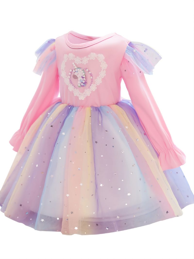 Pige Kjole Langærmet Unicorn Print Regnbue Pailletter Star Mesh Prinsesse Tutu Festkjole