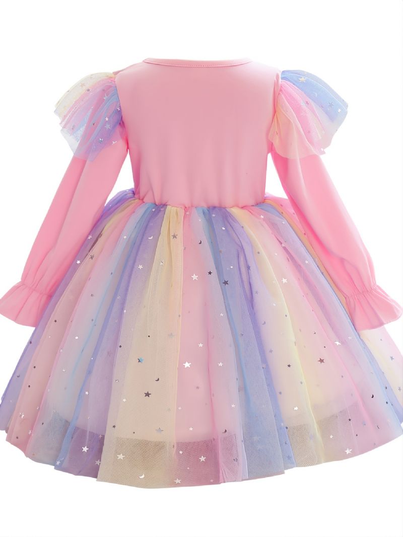 Pige Kjole Langærmet Unicorn Print Regnbue Pailletter Star Mesh Prinsesse Tutu Festkjole