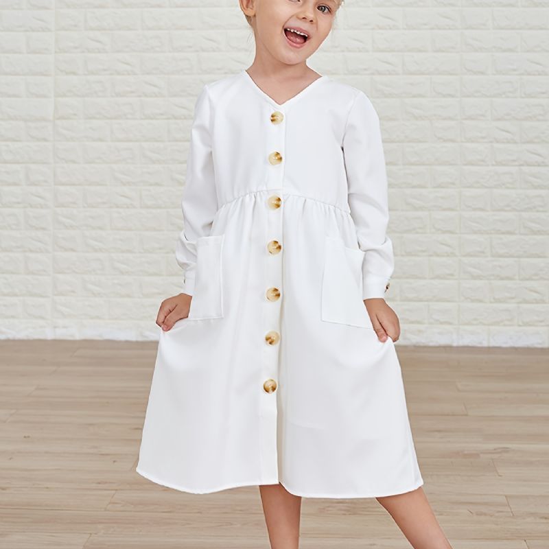 Pige Solid Langærmet Button Up Casual Dress Børnetøj