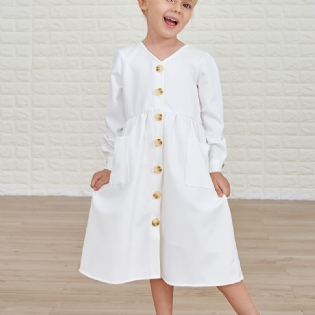 Pige Solid Langærmet Button Up Casual Dress Børnetøj