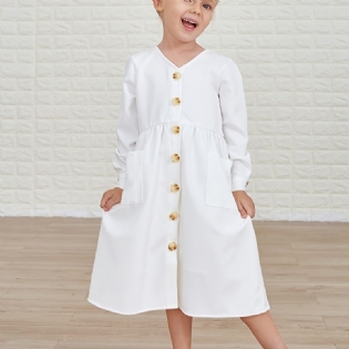 Pige Solid Langærmet Button Up Casual Dress Børnetøj