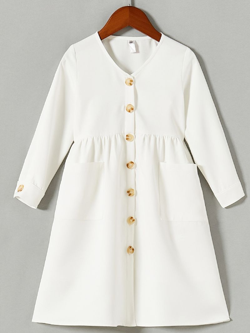 Pige Solid Langærmet Button Up Casual Dress Børnetøj
