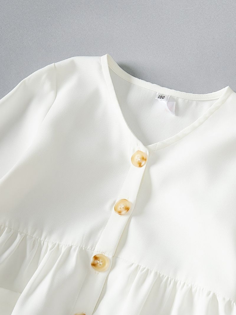 Pige Solid Langærmet Button Up Casual Dress Børnetøj