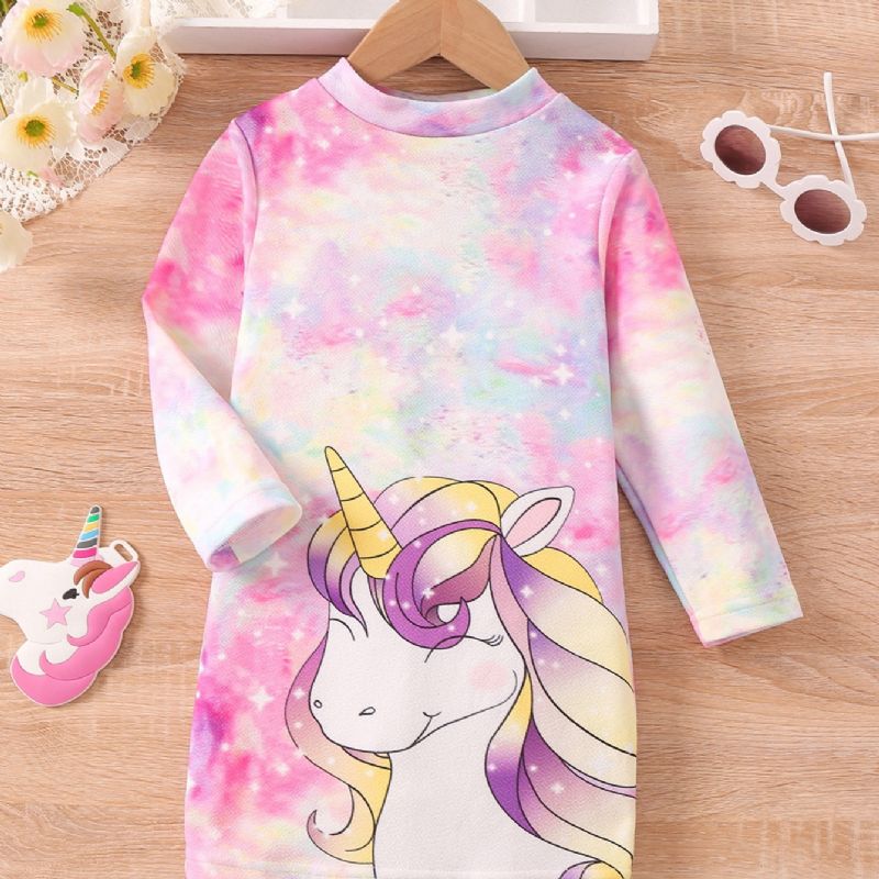 Pigekjole Tie Dye Unicorn Print Langærmet Kjole Prinsessekjole