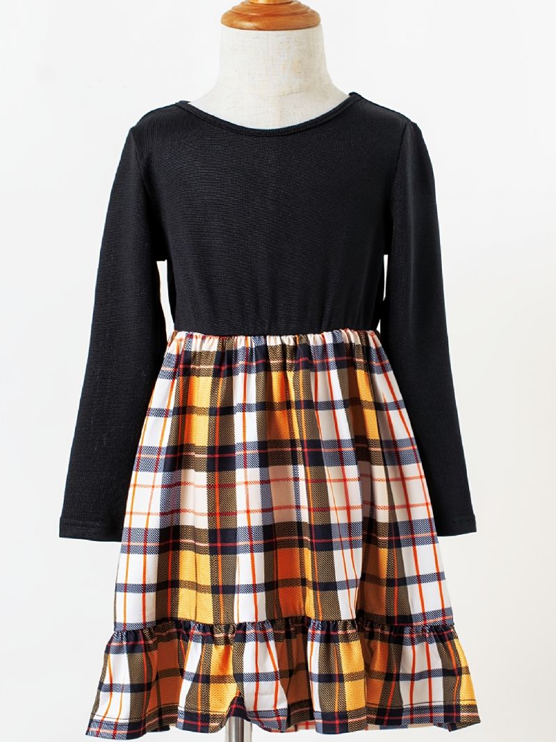 Piger Casual Gul Plaid Stitching Langærmet Kjole