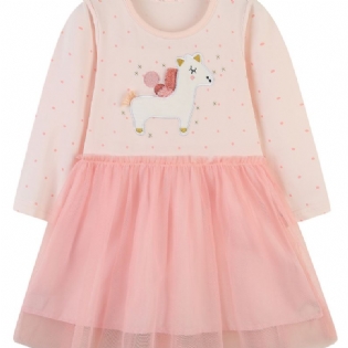 Piger Elegant Mesh Stitching Kjole Med Tegneserie Heste Print Til Fest