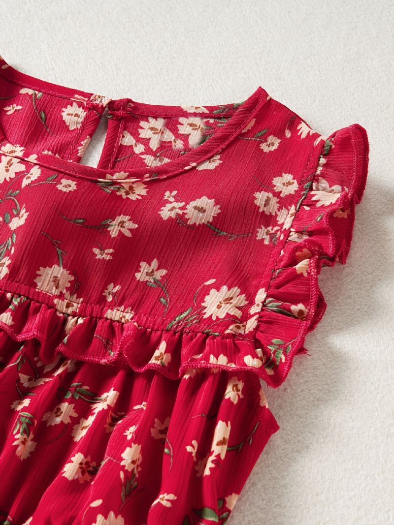 Piger Elegant Sød Blomstertryk Flæser Kjole Ærmeløs Sød Casual Ditsy