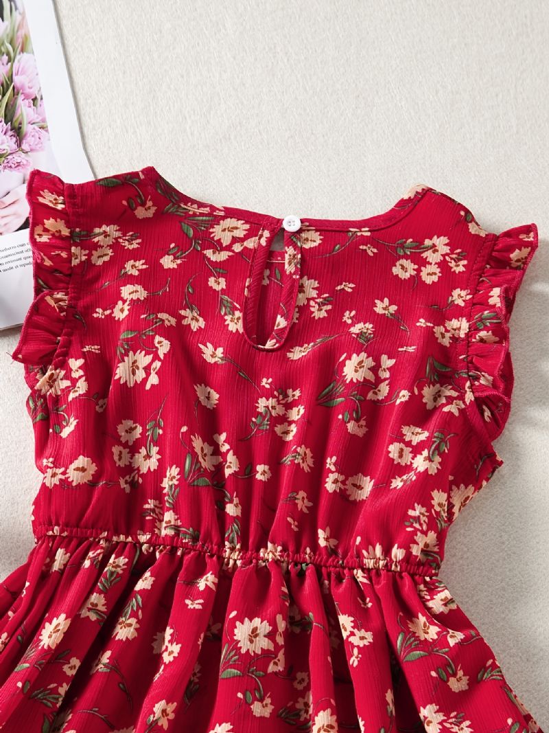 Piger Elegant Sød Blomstertryk Flæser Kjole Ærmeløs Sød Casual Ditsy