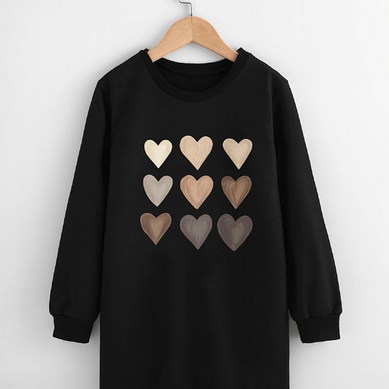Piger Heart Print Sweatshirt Kjole Langærmet Crew Neck Dress Børnetøj