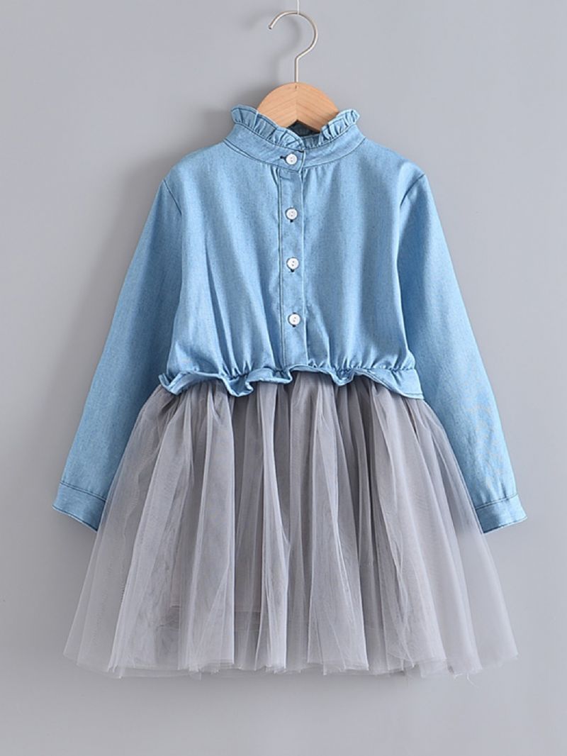 Piger Kjole Casual Denim Top Patchwork Mesh Nederdel