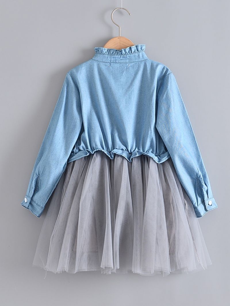 Piger Kjole Casual Denim Top Patchwork Mesh Nederdel