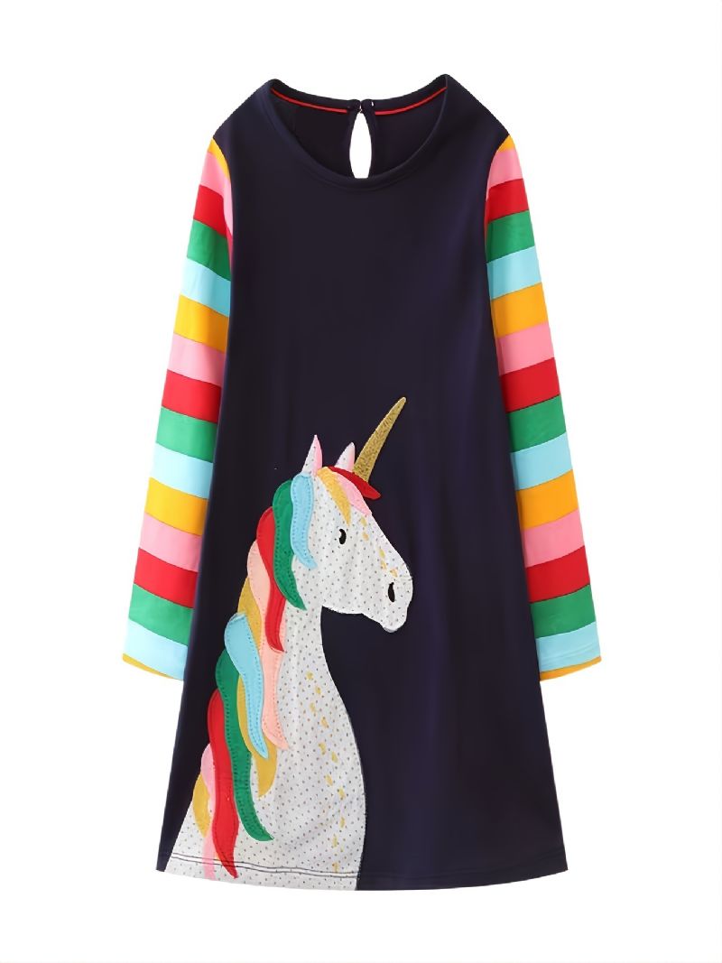Piger Langærmet Rundhalset Kjole Bomuldsbroderet Unicorn Princess Dress