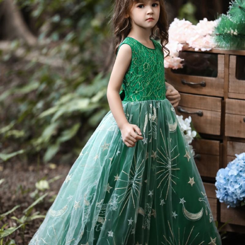 Piger Lange Festkjoler Børn Prom Puffy Tulle Ballekjole Broderet Prinsessekjole Julepige Catwalk Performance Kostume