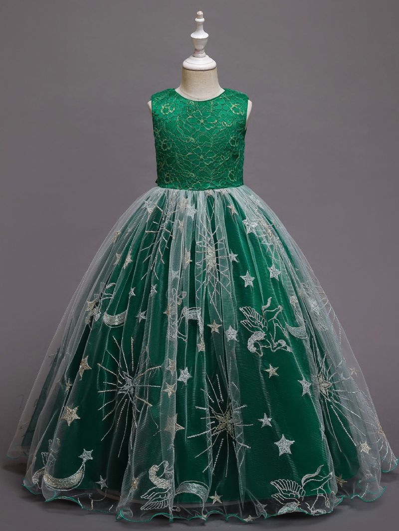 Piger Lange Festkjoler Børn Prom Puffy Tulle Ballekjole Broderet Prinsessekjole Julepige Catwalk Performance Kostume