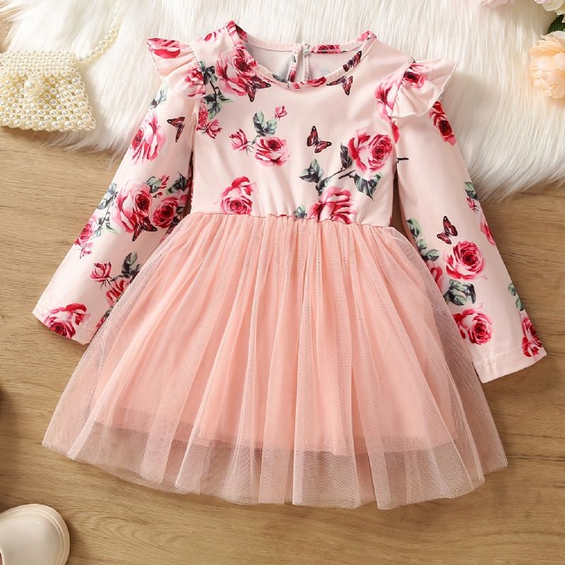 Piger Mesh Blomster & Butterfly Print Langærmet Kjole Tøj