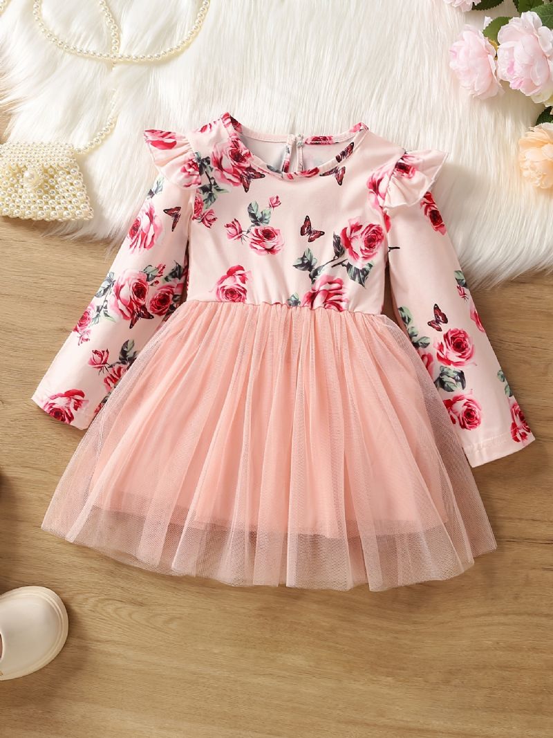 Piger Mesh Blomster & Butterfly Print Langærmet Kjole Tøj