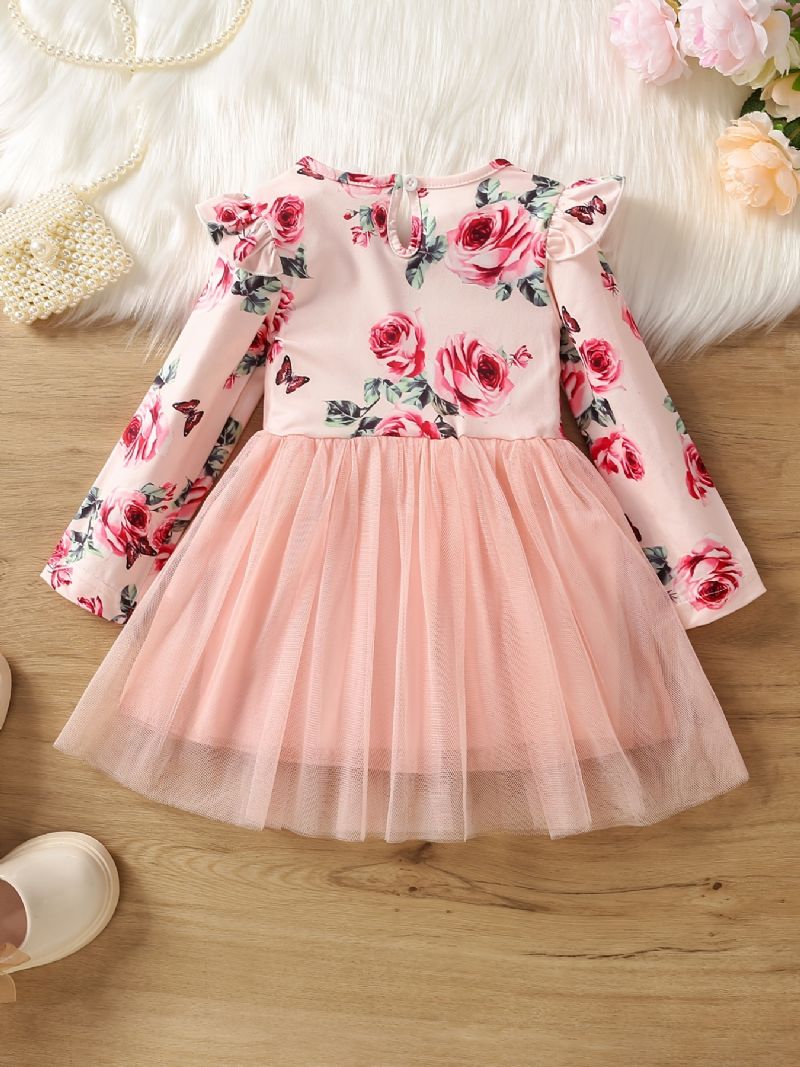 Piger Mesh Blomster & Butterfly Print Langærmet Kjole Tøj