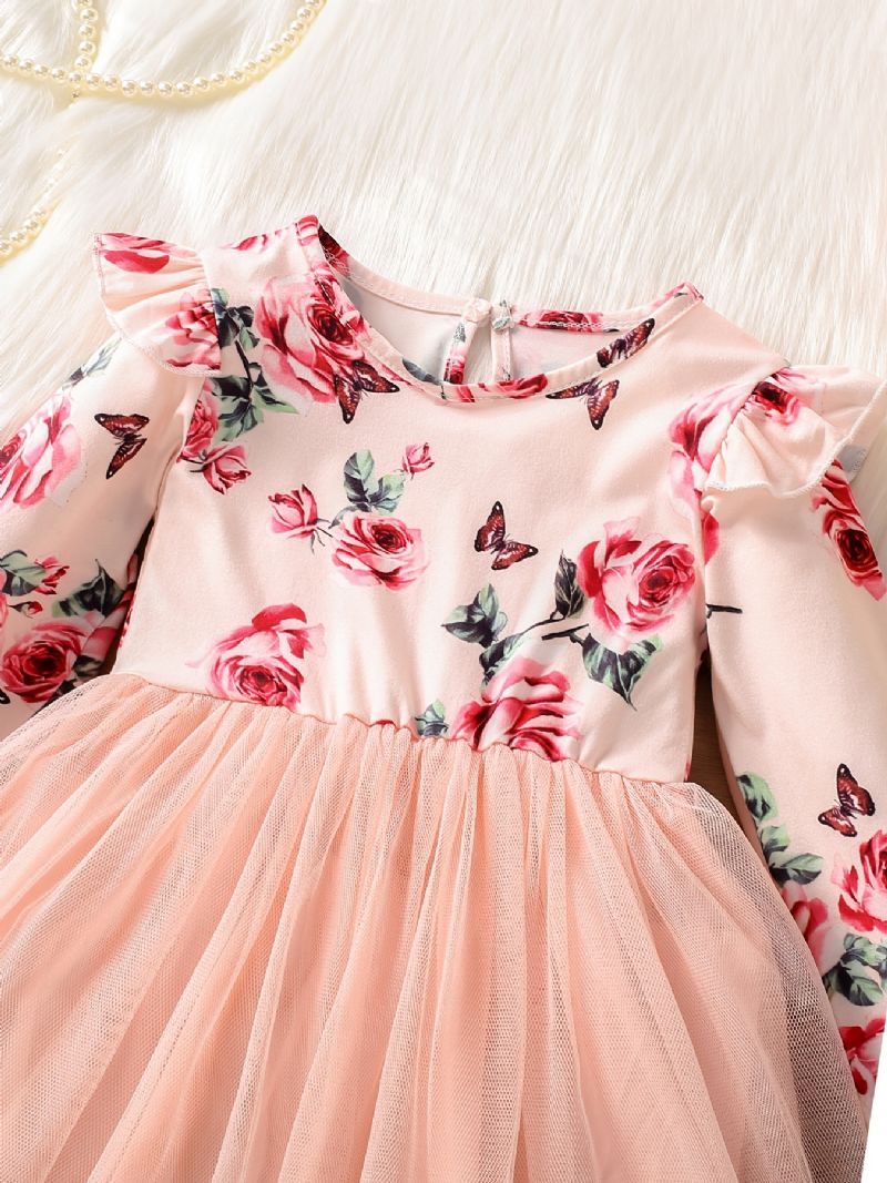 Piger Mesh Blomster & Butterfly Print Langærmet Kjole Tøj