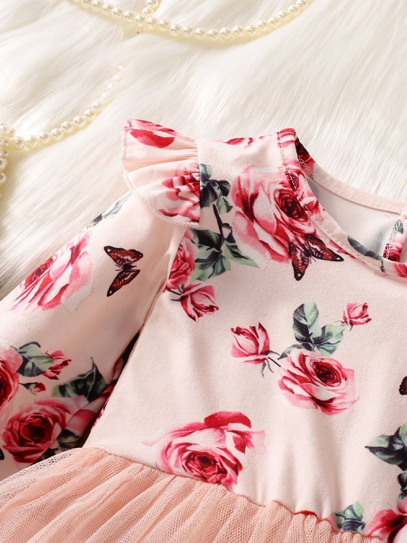 Piger Mesh Blomster & Butterfly Print Langærmet Kjole Tøj