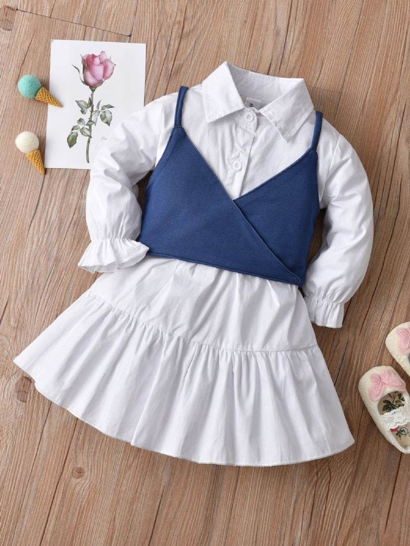 Piger Mode White Shirt Dress + Denim Camisole Todelt Langærmet Kjole Forår Efterår