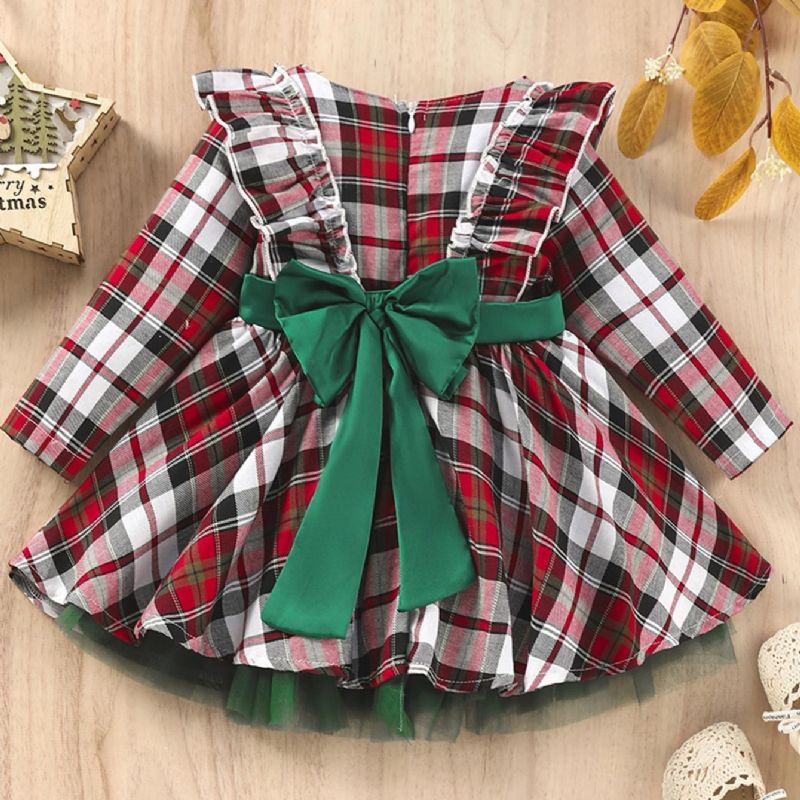 Piger Plaid Bowknot Bælte Festkjole Til Jul Fødselsdag