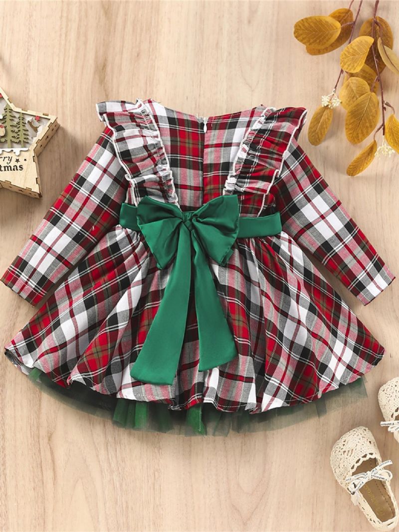 Piger Plaid Bowknot Bælte Festkjole Til Jul Fødselsdag