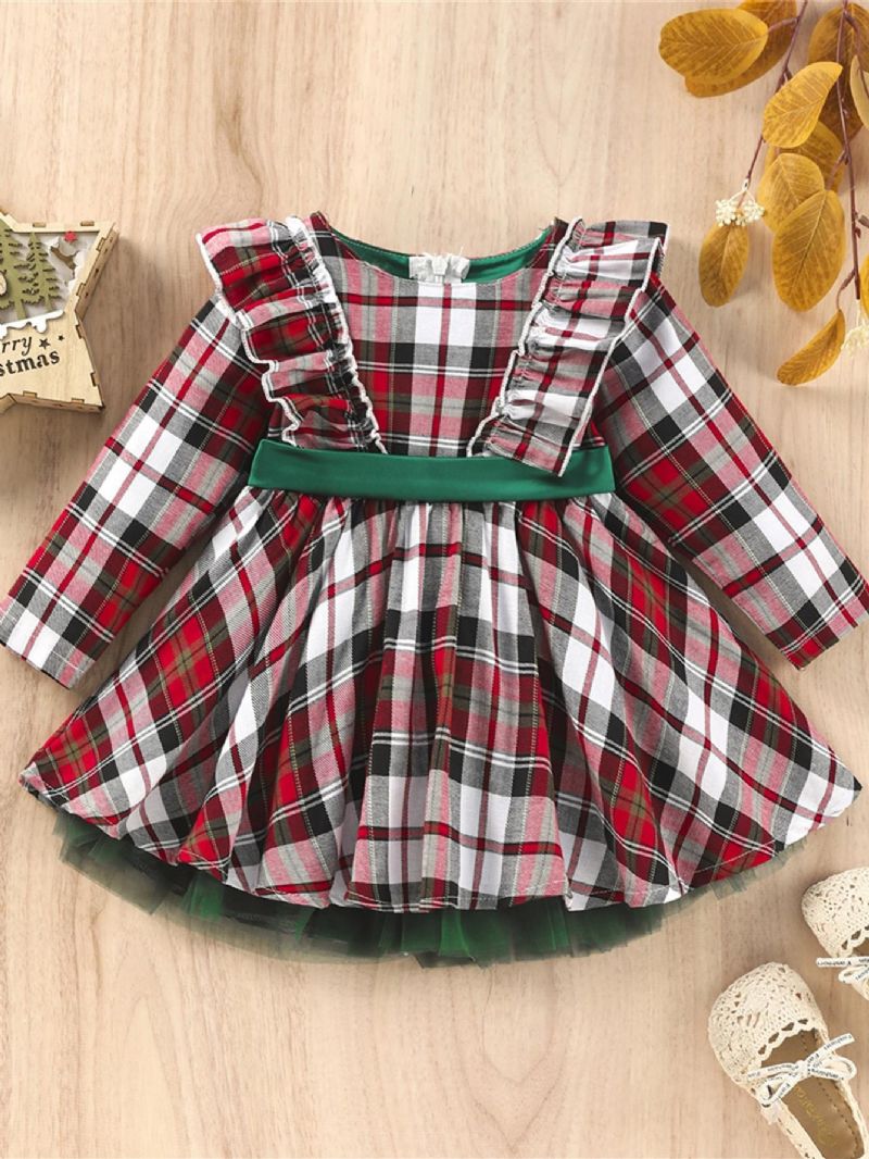 Piger Plaid Bowknot Bælte Festkjole Til Jul Fødselsdag
