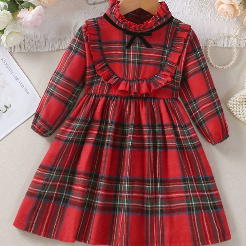 Piger Plaid Kjole Langærmet Patchwork Bowknot Børnesko