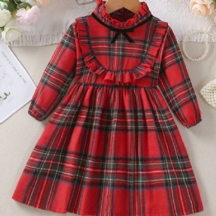 Piger Plaid Kjole Langærmet Patchwork Bowknot Børnesko