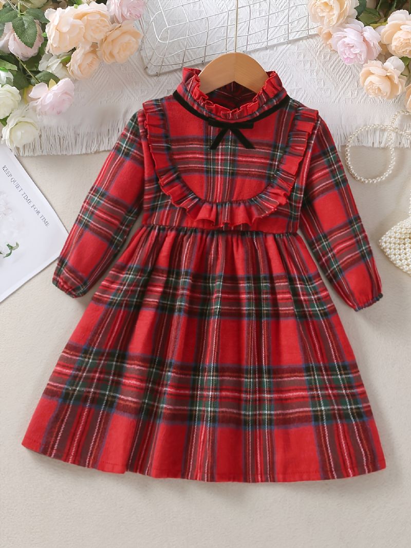 Piger Plaid Kjole Langærmet Patchwork Bowknot Børnesko