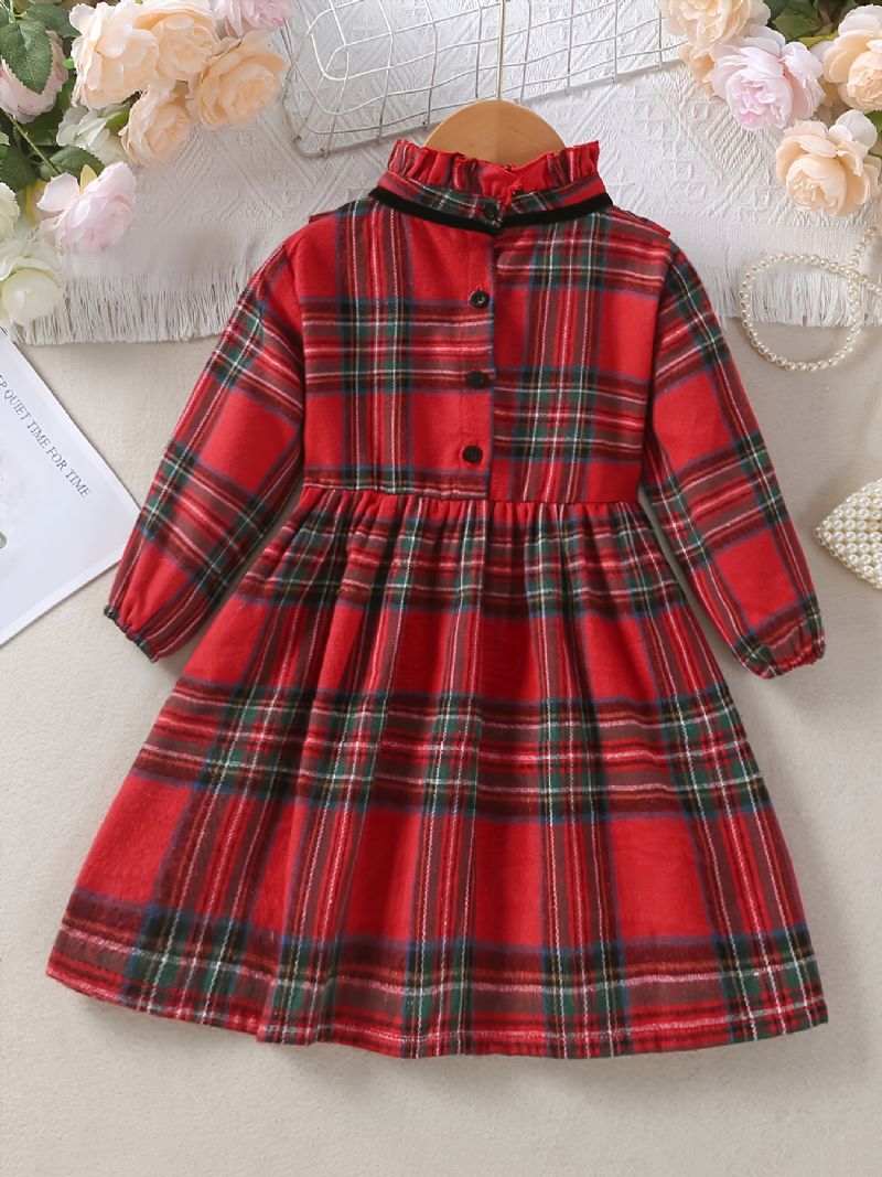 Piger Plaid Kjole Langærmet Patchwork Bowknot Børnesko