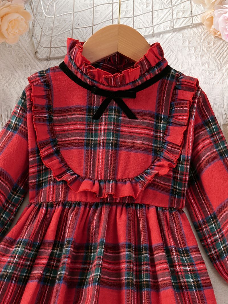 Piger Plaid Kjole Langærmet Patchwork Bowknot Børnesko