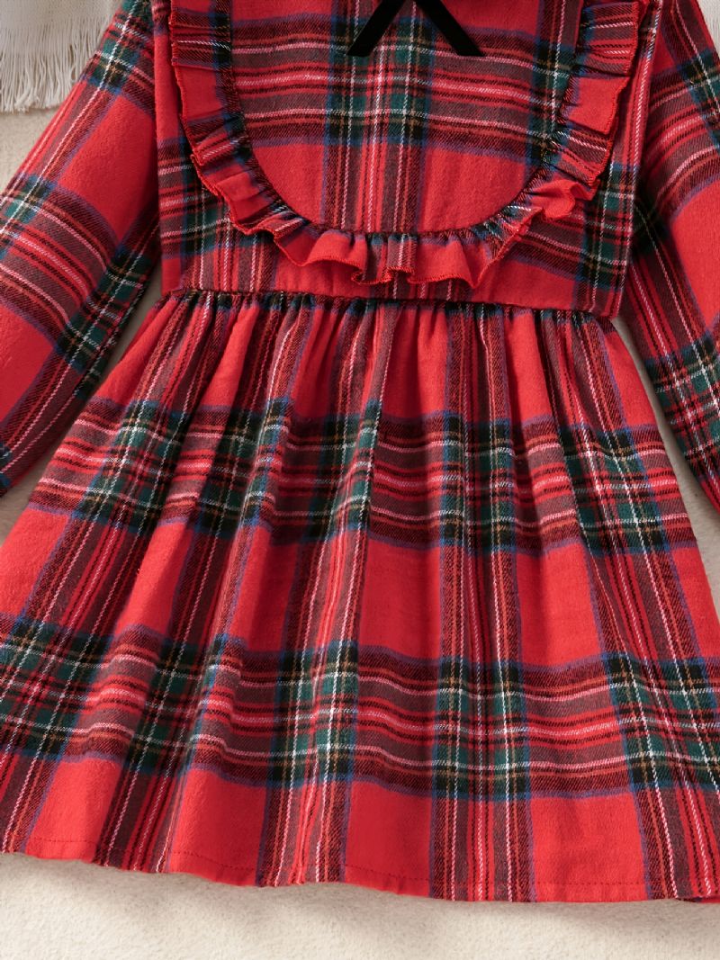 Piger Plaid Kjole Langærmet Patchwork Bowknot Børnesko