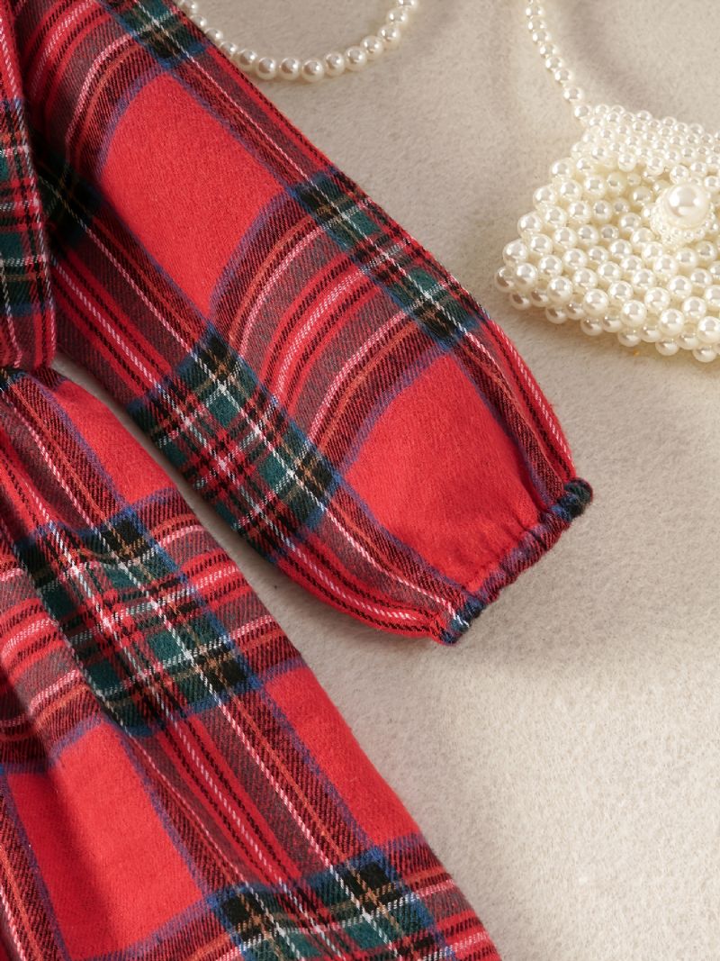 Piger Plaid Kjole Langærmet Patchwork Bowknot Børnesko