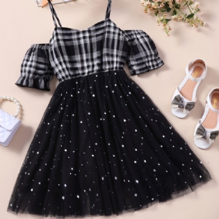 Piger Plaid Off The Shoulder Elegant Mesh Suspender Dress