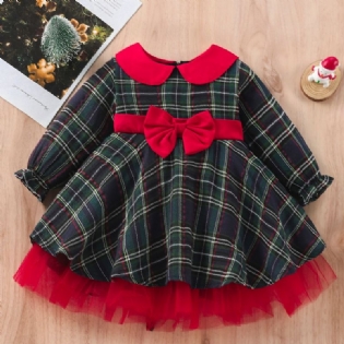 Piger Plaid Talje Sløjfe Syet Mesh Julekjole