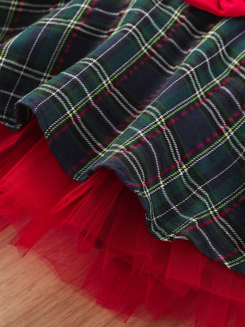 Piger Plaid Talje Sløjfe Syet Mesh Julekjole