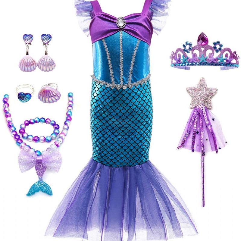 Piger Prinsesse Havfruekjole Kostume Dress Up Fødselsdagsfest Jul Cosplay Outfit Tilbehør Inkluderet Sæt
